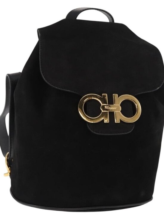 Salvatore Ferragamo Gancini Backpack Suede Black Gold Auth BA8233 main image 11
